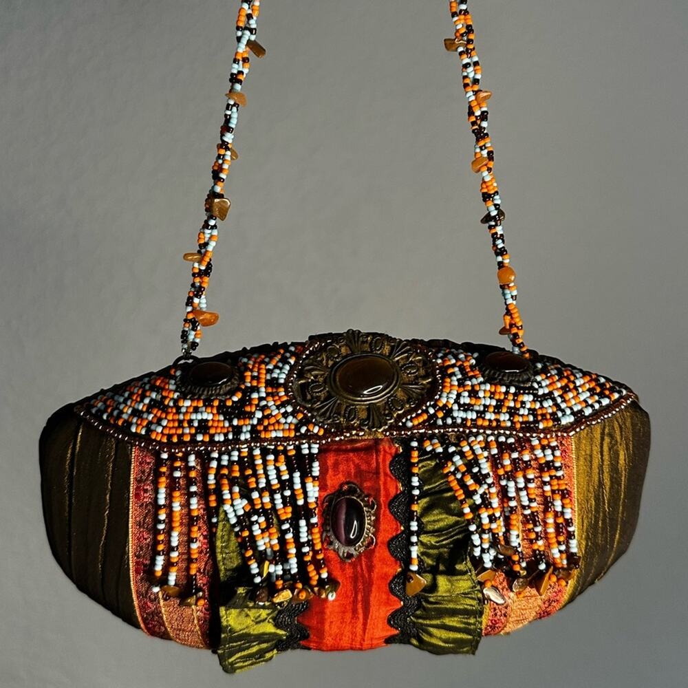 Pritzi Vintage Inspired Beaded Purse Bag Green Satin Boho Indie Artsy Party